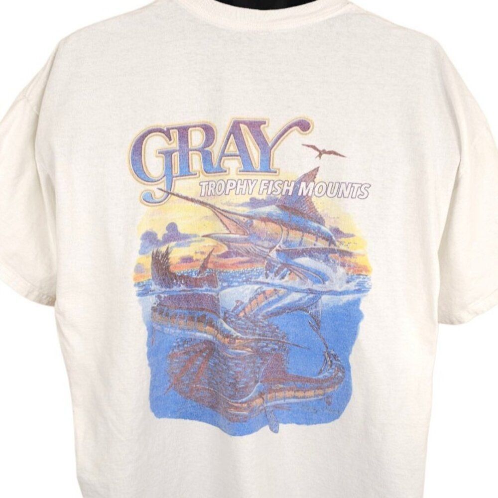 Sportfishing T Shirt Mens Size 2XL White Blue Marlin Sailfish Gray Fish Mounts